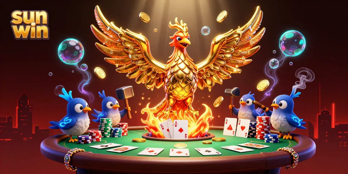 Experience sun win with a vibrant scene showcasing a golden phoenix and dynamic poker elements.
