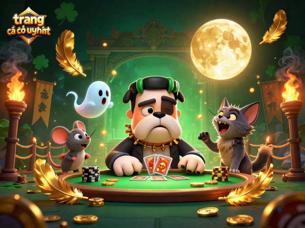 Hình ảnh mô tả "trang cá cược uy tín" với quái vật bulldog và các yếu tố casino hấp dẫn.