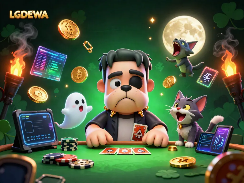 Play cards with LGODEWA's lively characters in a lively casino atmosphere, featuring a haunted theme.
