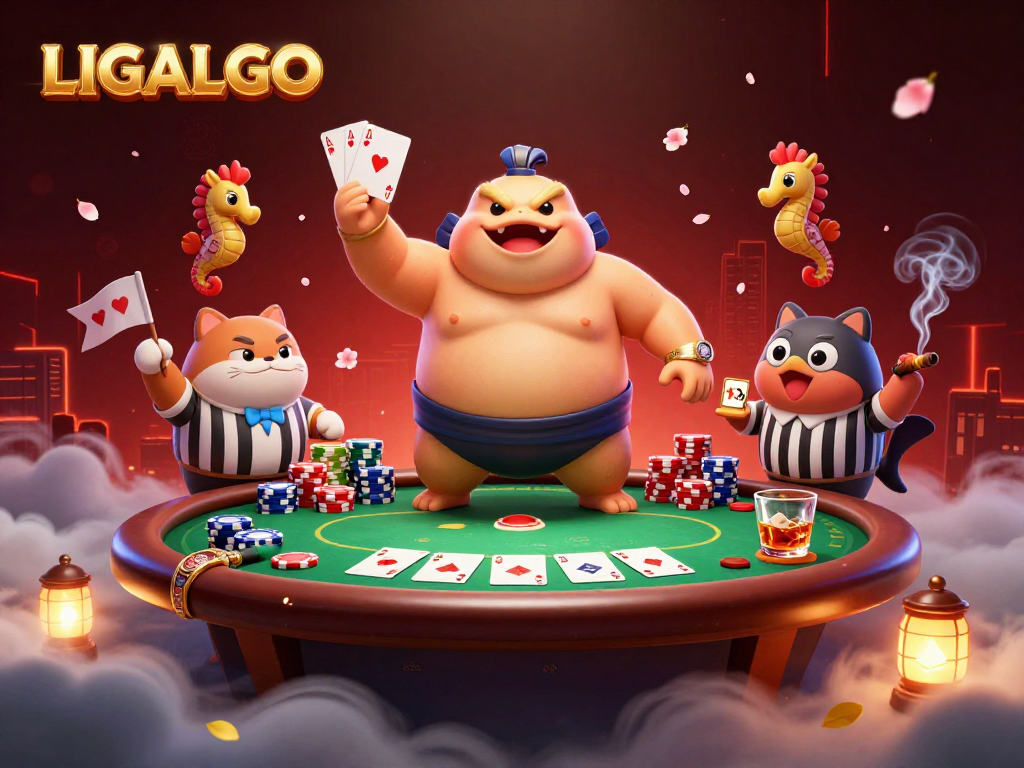 LIGALGO showcases a vibrant underwater gambling scene with a fugu in a sumo outfit amidst poker elements