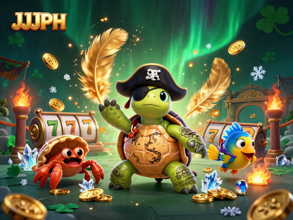 Experience JJJPH's thrilling slot adventure with turtle pirate characters amidst gold coins and treasures