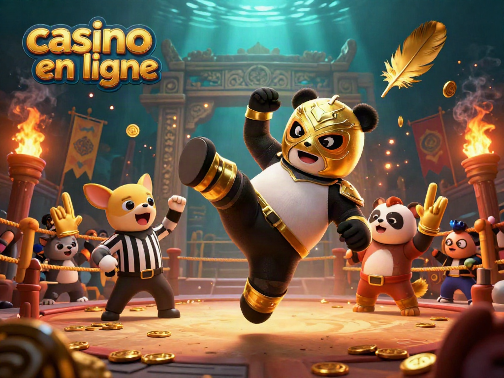 Les jeux de casino en ligne prennent vie avec un panda professionnel et un chihuahua arbitre dans une scène dynamique.