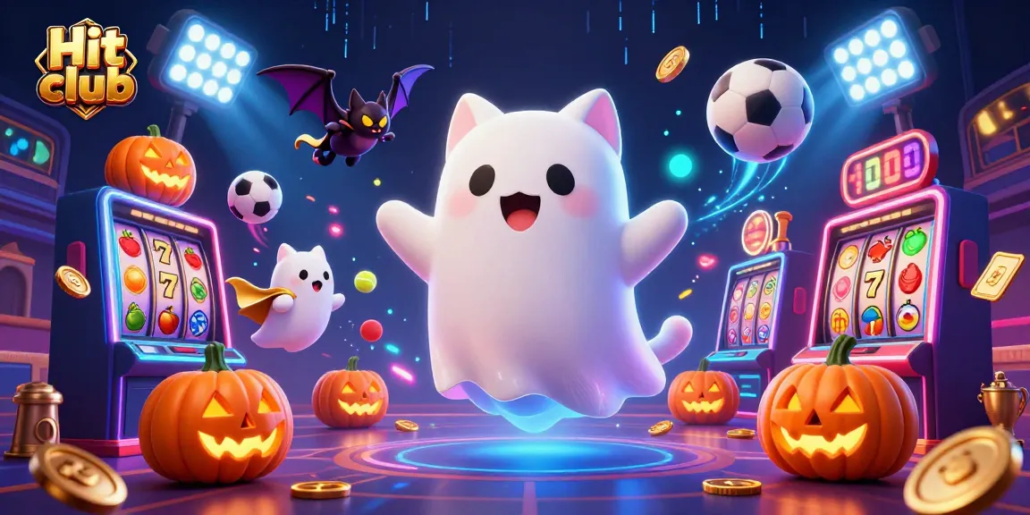 Experience the excitement of Hit club with a mystical casino scene featuring a floating ghost cat and dynamic sports elements.