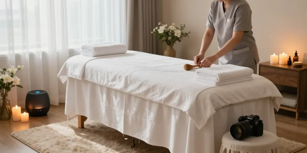 Serene 김포출장안마 spa setup with massage table, candles, and soothing ambiance.
