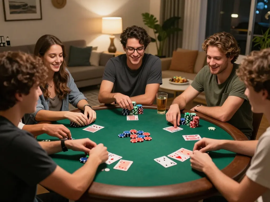 Poker night with friends discussing strategies at home while using keonhacaii88 for betting insights.