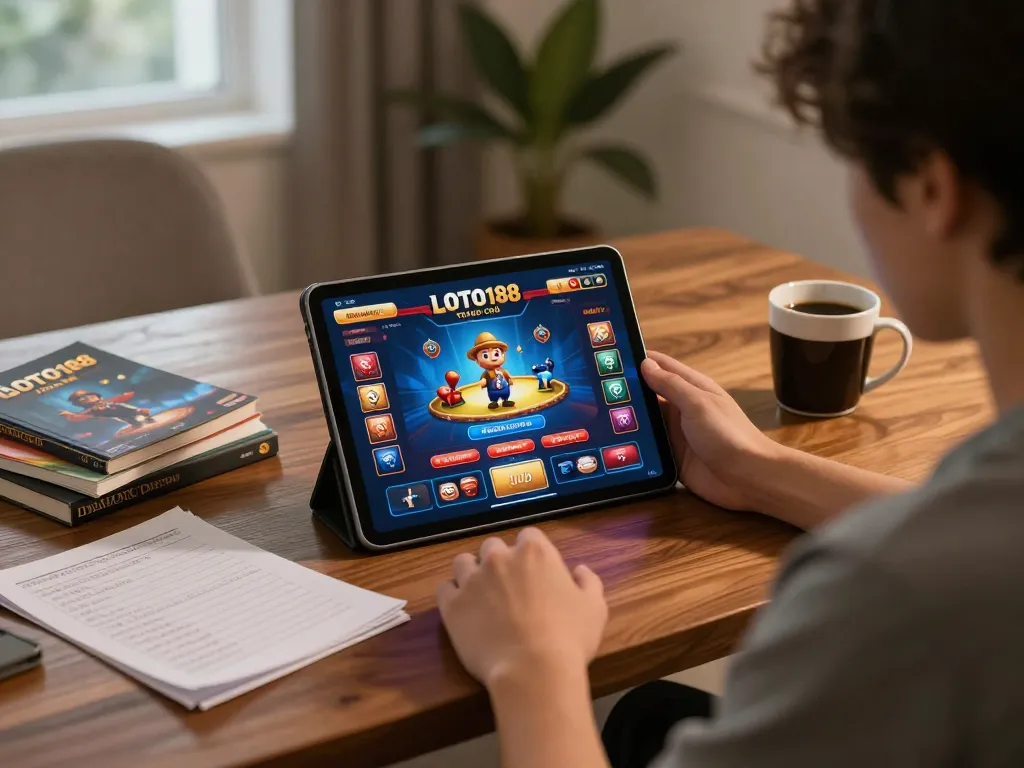 Person engaging with LOTO188 TRANG CHỦ on tablet, showcasing home gaming atmosphere.