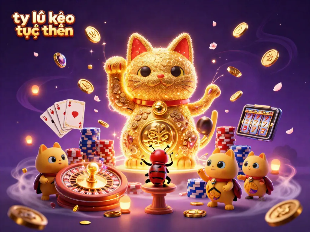 Engage in thrilling tỷ lệ kèo trực tuyến action with a vibrant lucky cat and dazzling casino elements.