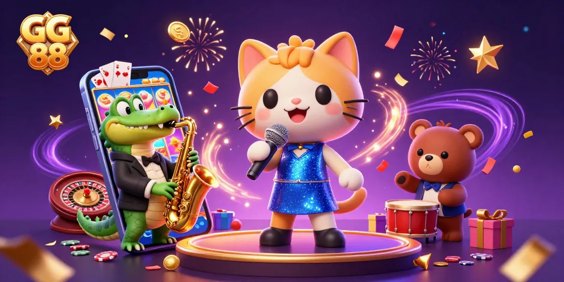 Engage with GG 88 in a vibrant casino scene featuring animated characters and dynamic gaming elements.