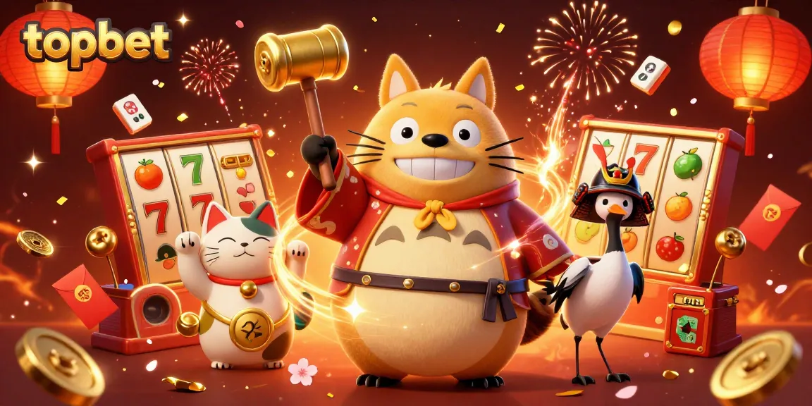 Topbet offers exciting slots with a cheerful tanuki and festive elements in a vibrant 3D illustration.