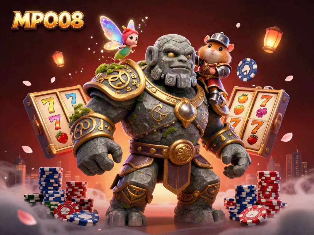 MPO08 platform depicting an ancient stone guardian with a fairy and a hamster knight amidst casino elements like slot reels and poker chips.