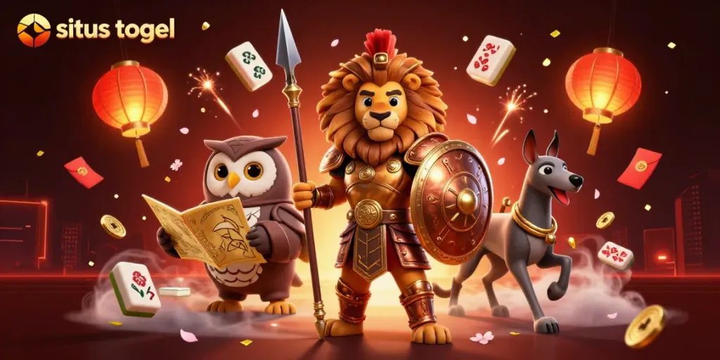 Engage with situs togel in a vibrant 3D scene of a Spartan lion, owl strategist, and greyhound messenger.