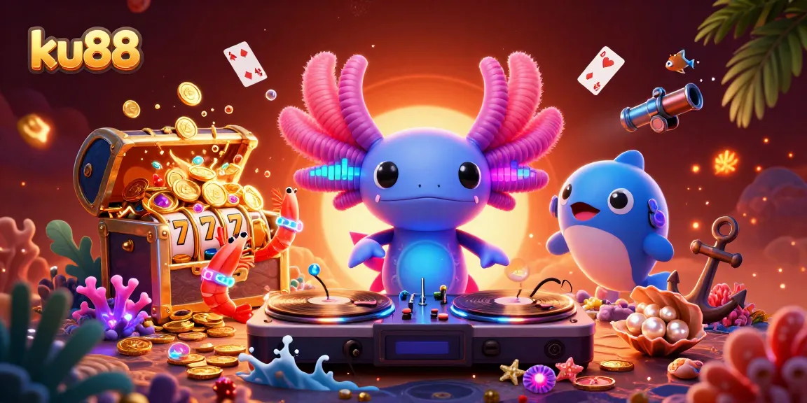 Experience the excitement of ku88 with vibrant underwater casino fun featuring a DJ axolotl and lively sea creatures.