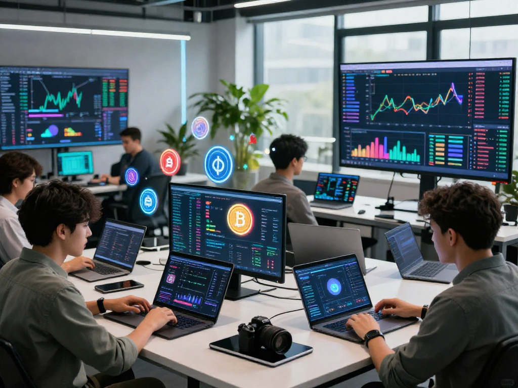 Users engaged in kyber-swap trading with vibrant digital currencies, showcasing a modern blockchain environment.