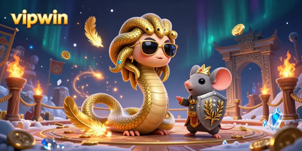 Experience exciting gameplay at vipwin with Medusa and a warrior mouse amidst colorful casino elements.