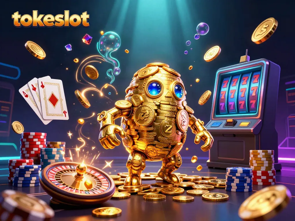 Experience the excitement of tokeslot with a dynamic scene filled with gold coins and colorful casino elements.