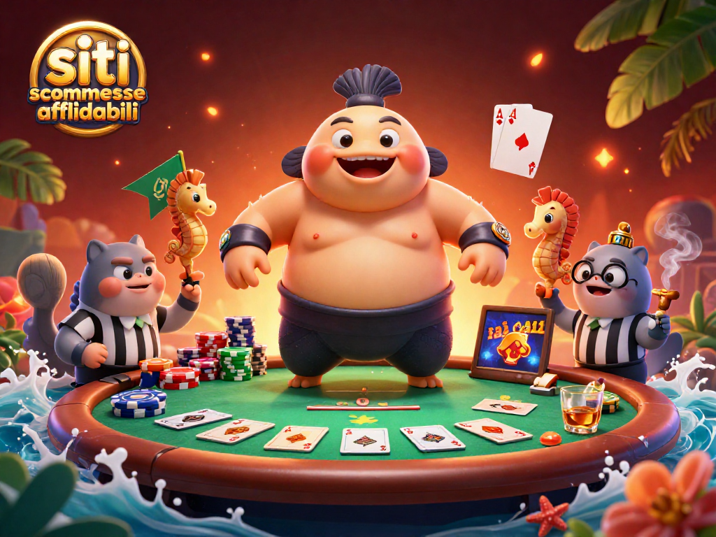 Scommetti con siti scommesse affidabili mentre il fugu gigante gioca a poker in un'arena subacquea.