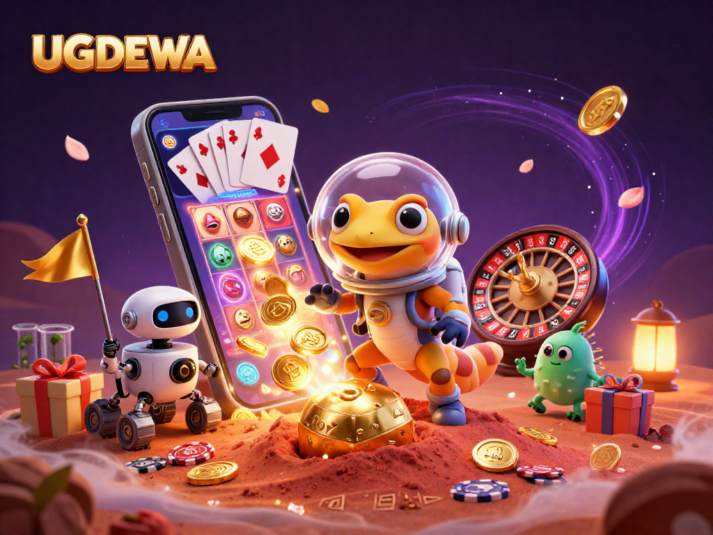 Experience the excitement of UGDEWA at a Martian casino with vibrant slot games and treasures.