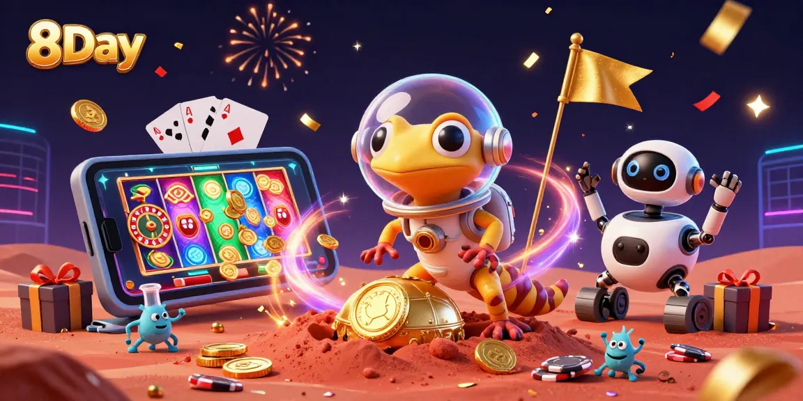 Celebrate gaming victories with 8Day's vibrant 3D casino illustration of a Martian gecko discovering hidden treasures.