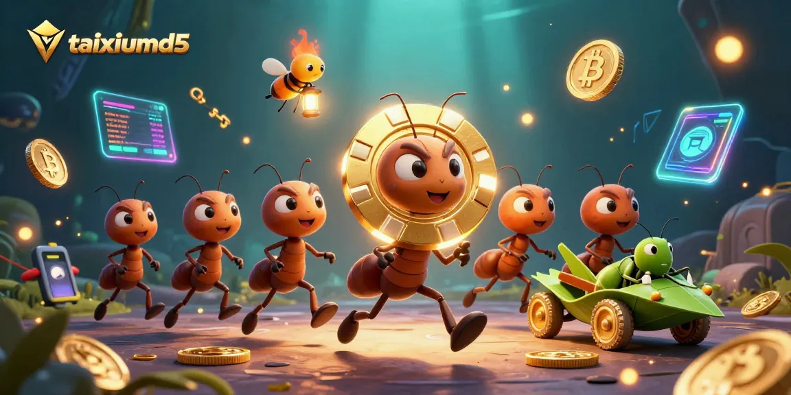 Experience a thrilling taixiumd5 heist with cartoon ants and crypto elements in this action scene.