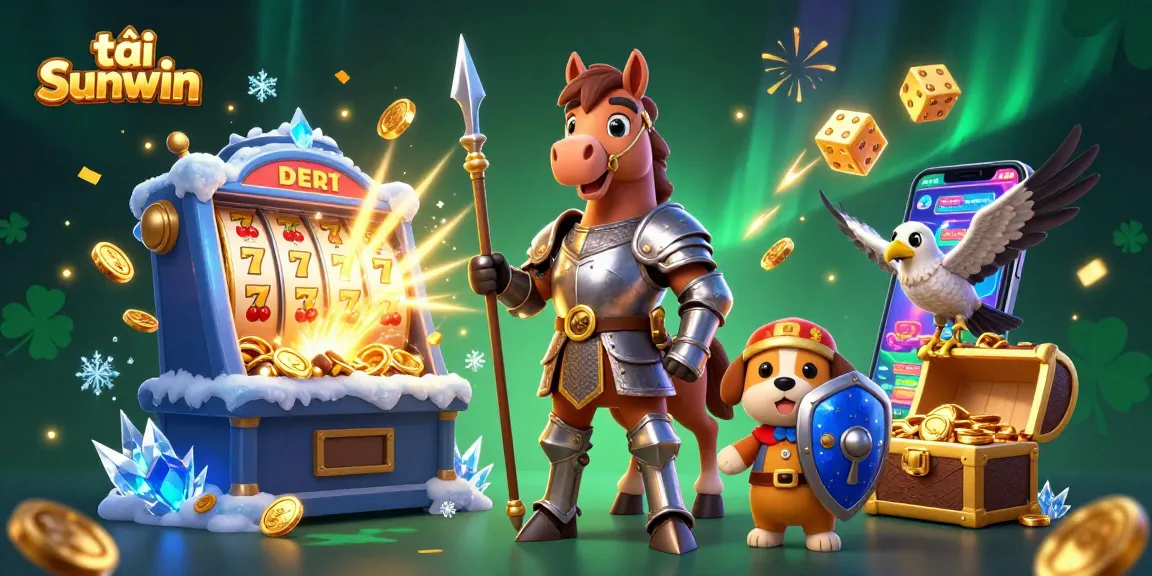 Tải Sunwin with a 3D medieval knight, a puppy squire, and a falcon amid jackpot slots and casino excitement.
