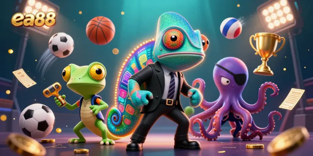 Experience the thrill of betting with ea88 in this vibrant casino digital illustration showcasing dynamic gaming elements.