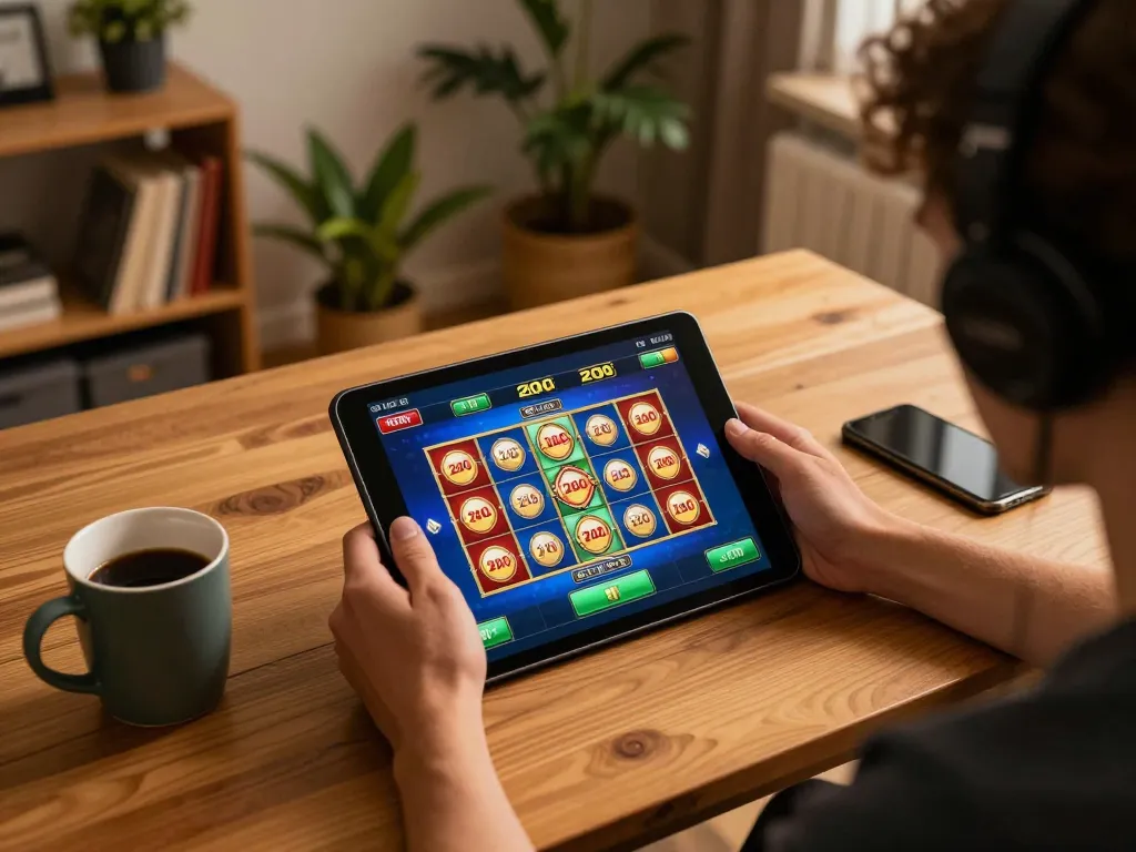 Engaging gameplay of slot bet 200 on a tablet, inviting atmosphere, highlighting strategic online gambling.