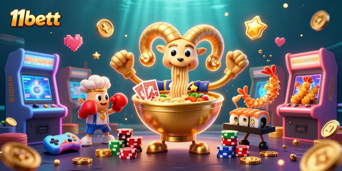 Join the fun at 11bett with a giant ramen bowl dealer and vibrant game elements!