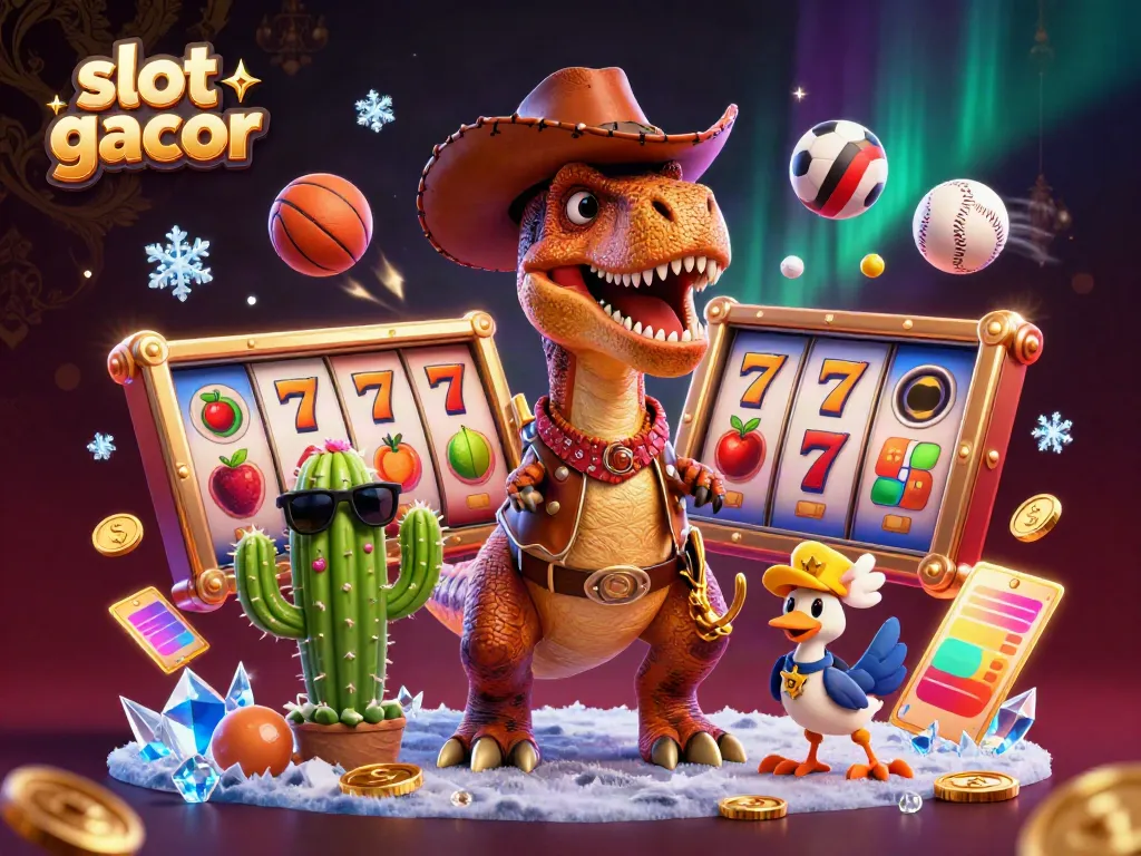 Engage with slot gacor in a vibrant casino scene featuring a cowboy dinosaur and friends.