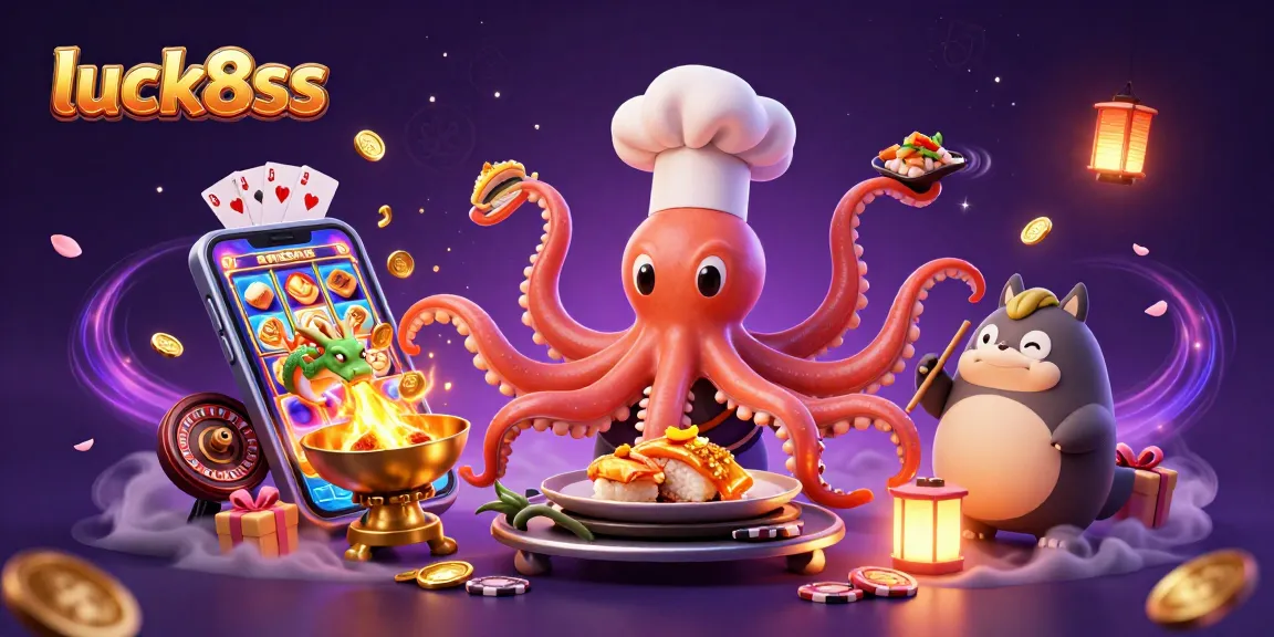 Luck8ss unleashes excitement with a vibrant casino scene featuring an octopus chef and dragon.