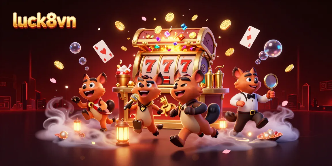 Experience luck8vn at a lively casino scene featuring animated hyenas, gold coins, and vibrant game elements.