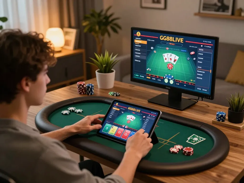 Player engaging with GG88LIVE casino app on a tablet in a cozy home setting.