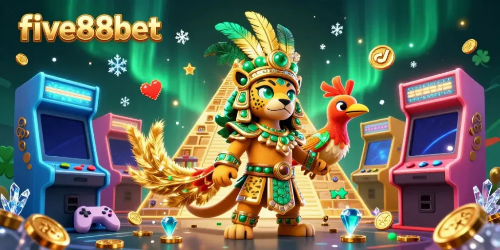 Win exciting jackpots with five88bet in a vibrant 3D casino illustration.