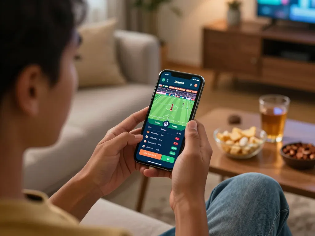 Engage in online sports betting with pmtsoap on your smartphone in a cozy home setup.