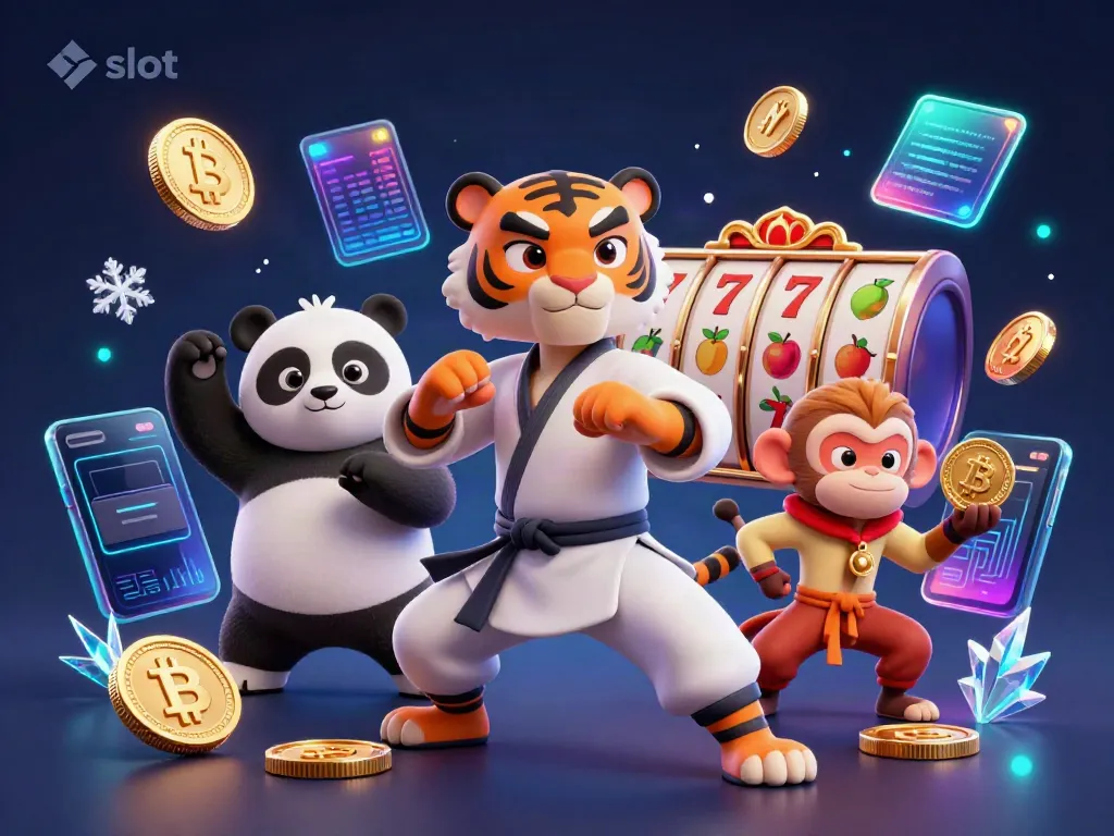 Engaging slot-themed scene featuring the kung fu tiger master, panda disciple, and monkey student surrounded by vibrant slots and digital elements.
