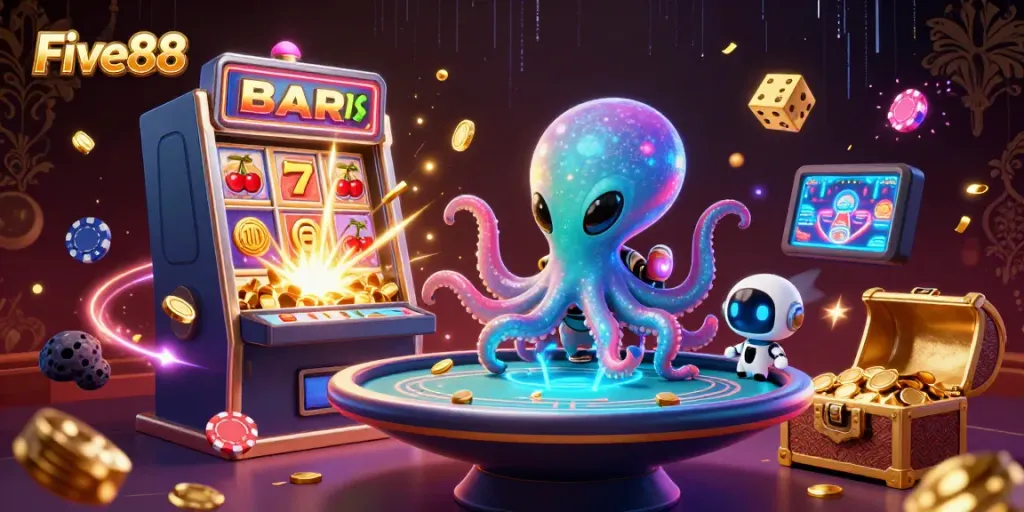 Experience Five88 with an alien octopus at a holographic poker table in a vibrant casino scene.