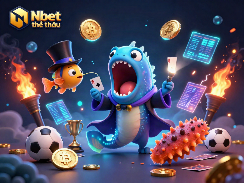 Nbet thể thao showcases a vibrant deep-sea scene with characters performing sports betting magic tricks amidst glowing cryptocurrency elements.