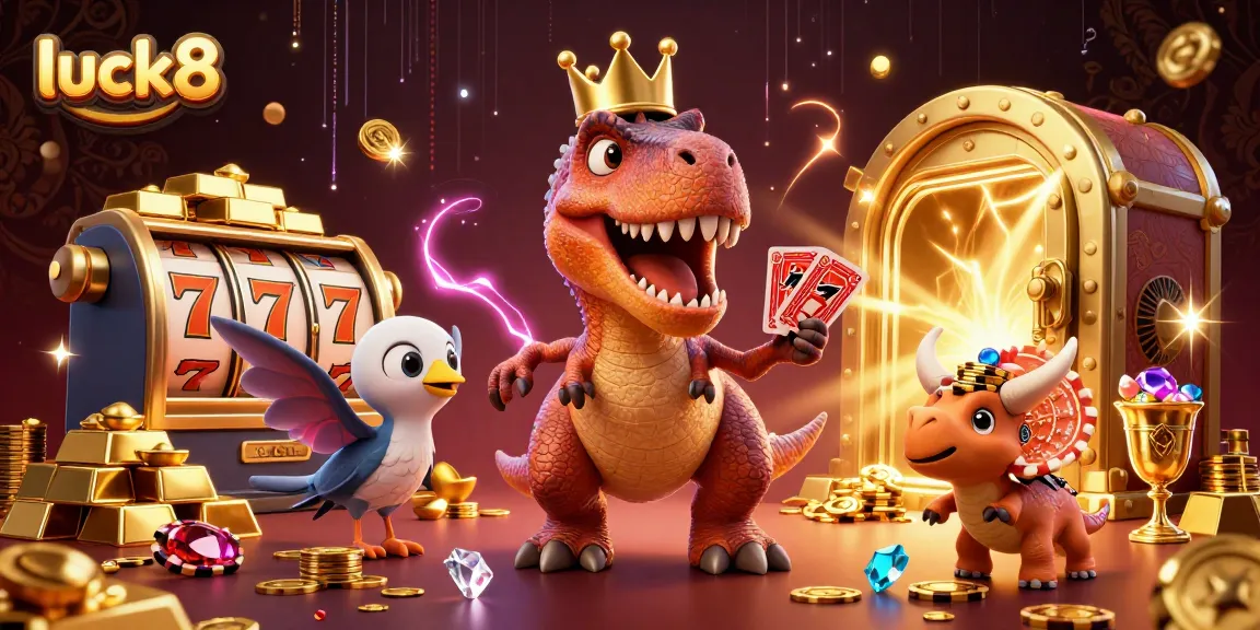 Watch the T-Rex and friends spin slots and stack chips for luck8, capturing the casino spirit in vibrant 3D.