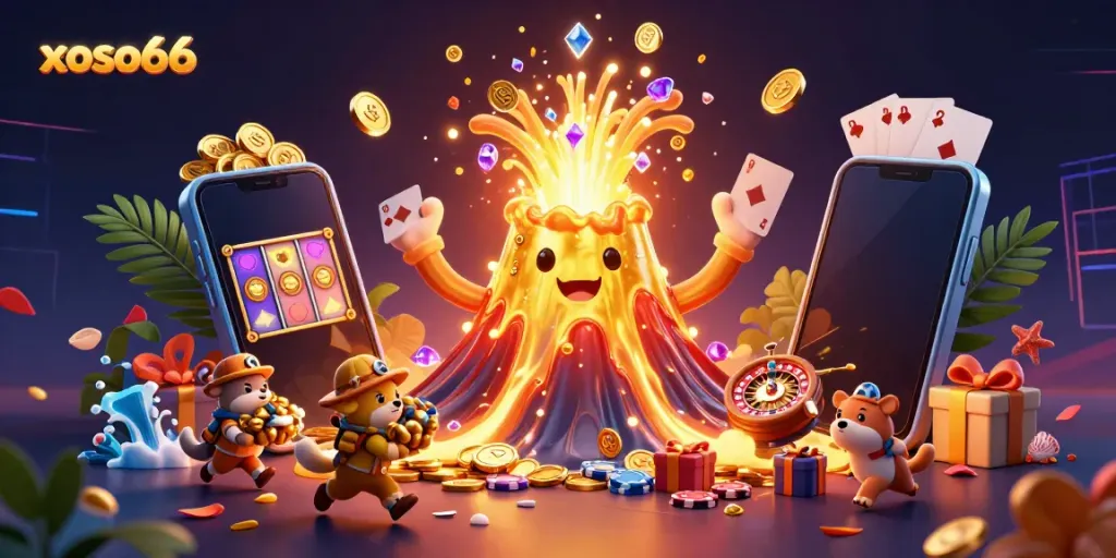 Experience the excitement of xoso66 with a golden volcano erupting treasures amidst vibrant game elements