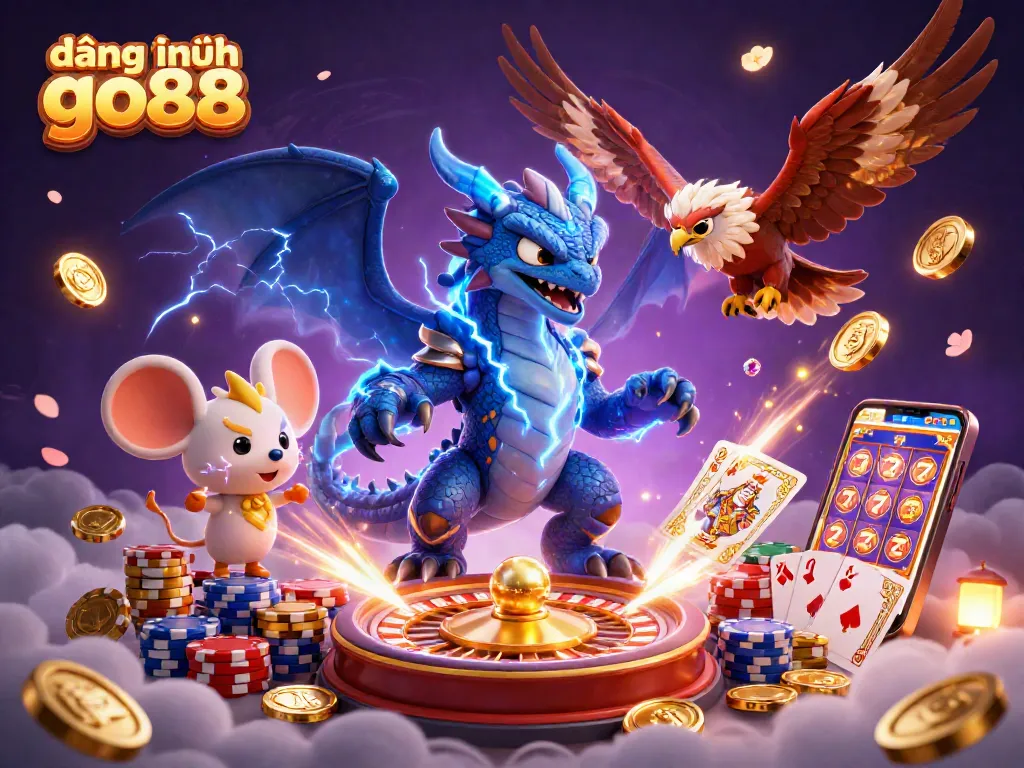 Engaging illustration emphasizing đăng nhập go88, vivid dragon, hawk, mobile games, and vibrant casino elements.