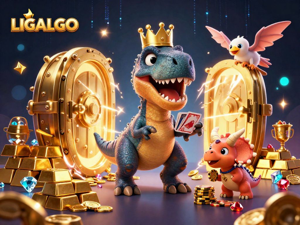 LIGALGO showcases a T-Rex and friends participating in a vibrant casino scene filled with gems and gold.