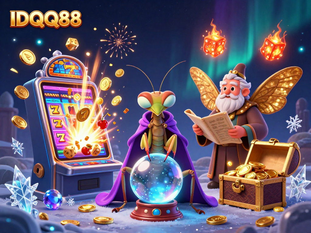 Engage with IDQQ88's vibrant slots universe, showcasing mystical characters in an exhilarating casino scene.