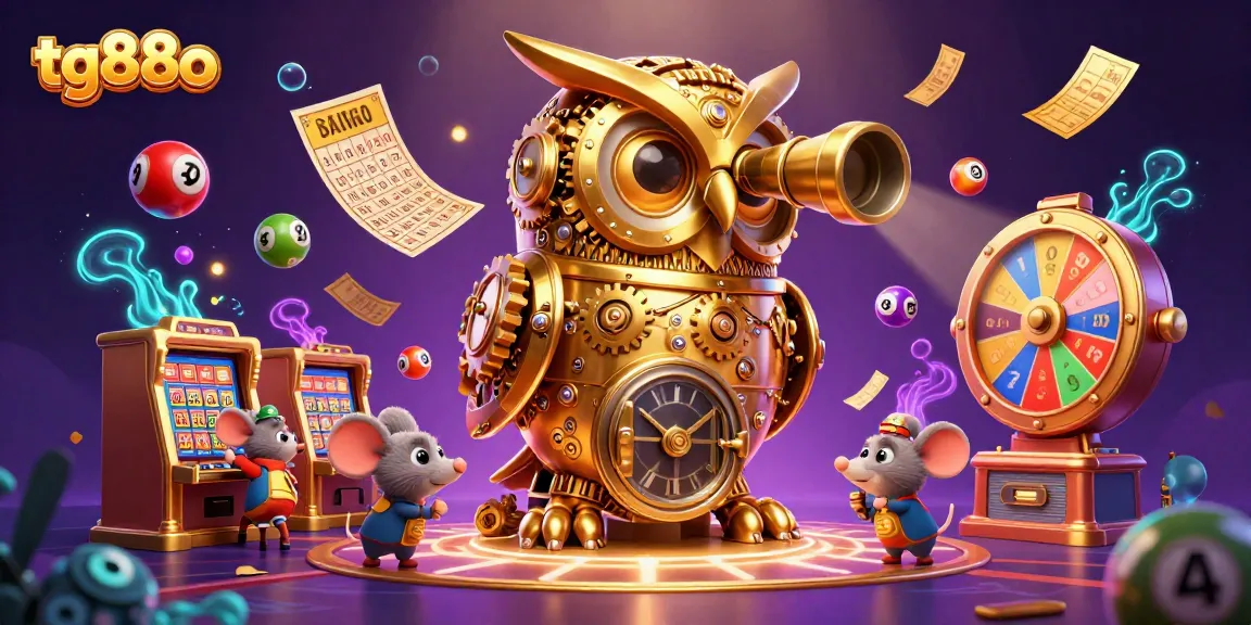Experience thrilling fun at tg88o with a golden owl and whimsical casino characters in this vibrant scene.