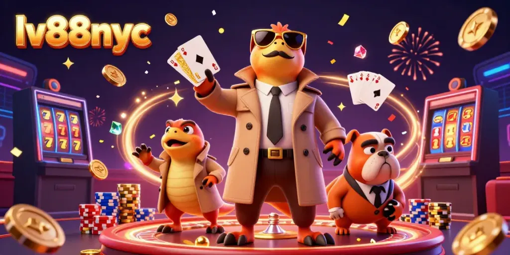 Join the fun at lv88nyc with a thrilling casino scene showcasing lively raptors and dazzling chips!