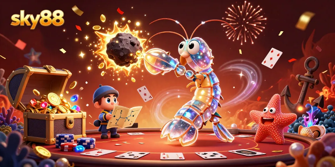 Experience exciting poker action at sky88 with a galactic samurai mantis shrimp amidst treasure and confetti.
