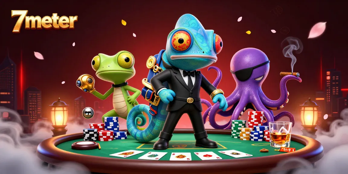 Win big with 7meter at this animated poker scene featuring characters and vibrant gambling elements.