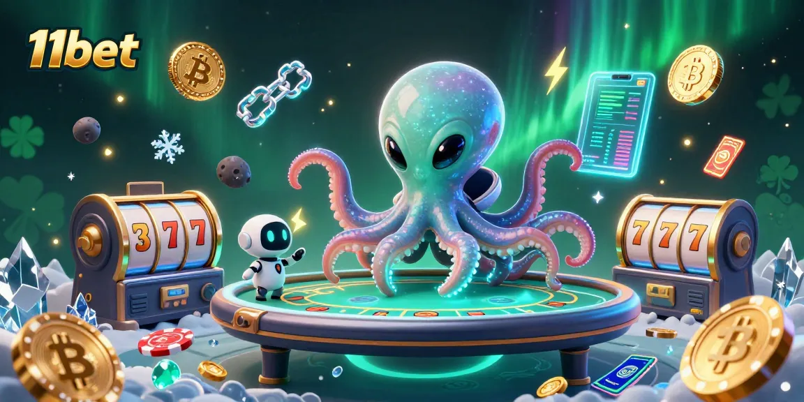 Engage with 11bet's vibrant alien casino scene featuring a holographic poker table and crypto elements.