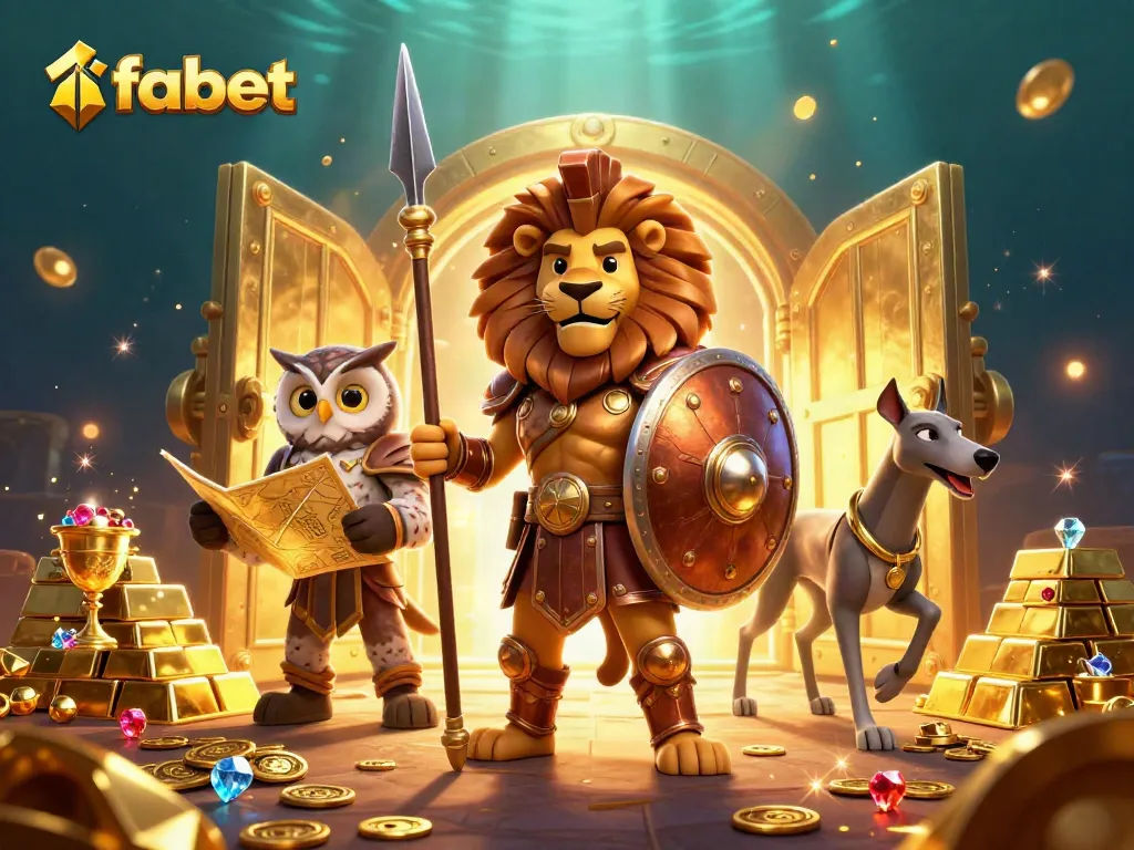 Experience thrilling wins at fabet while surrounded by golden treasures and heroic characters in a vibrant casino setting.