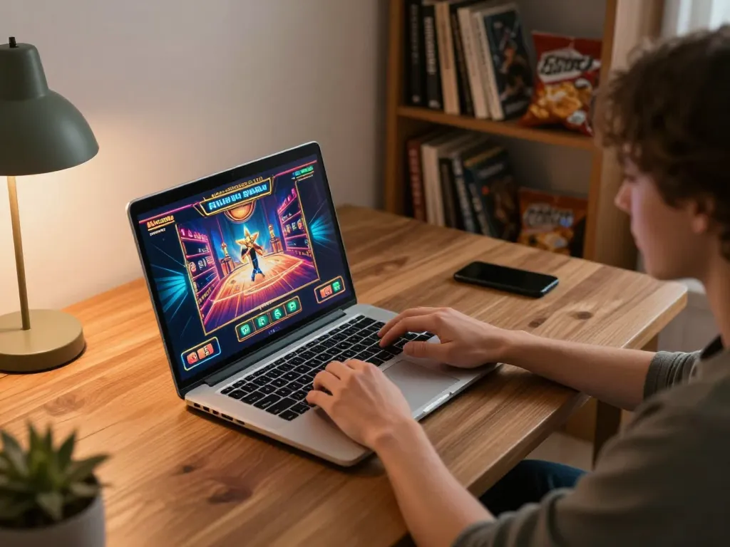 Player enjoying xx 88 slots on a laptop, illuminated by colorful graphics and warm lighting.