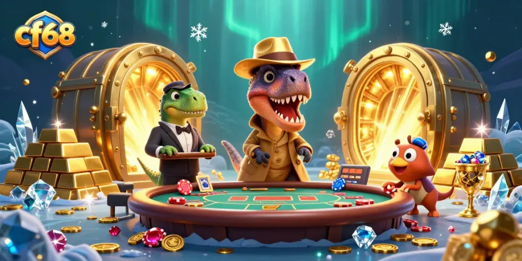 cf68 card counter and pit boss in a dynamic casino illustration with jewels and treasures.