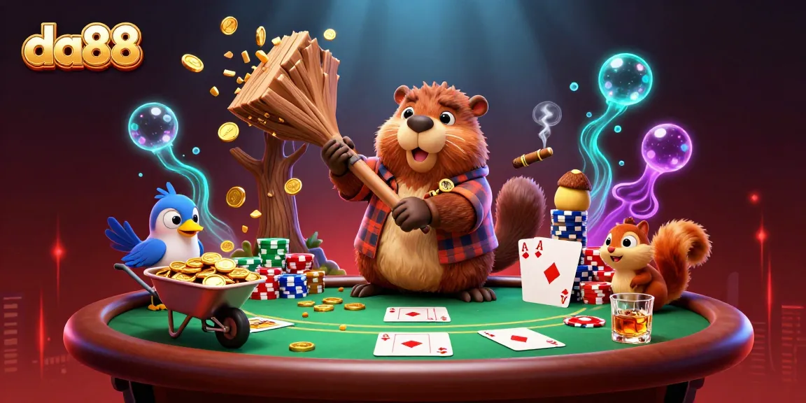Engaging da88 casino scene featuring a beaver chopping a tree raining gold coins amidst poker elements.